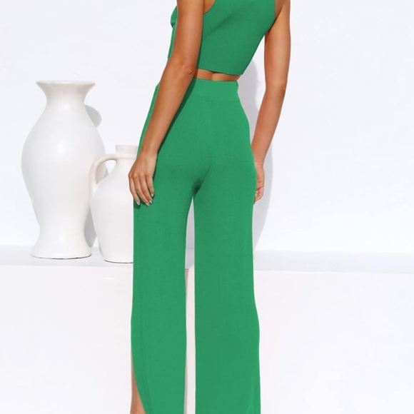 2 Piece Green Crop Top High Waist Pant Outfit - Picture 5 of 5